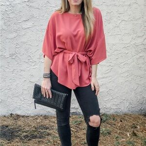Terracotta Flowy Waist Tie Peplum style Blouse, Sz S/M